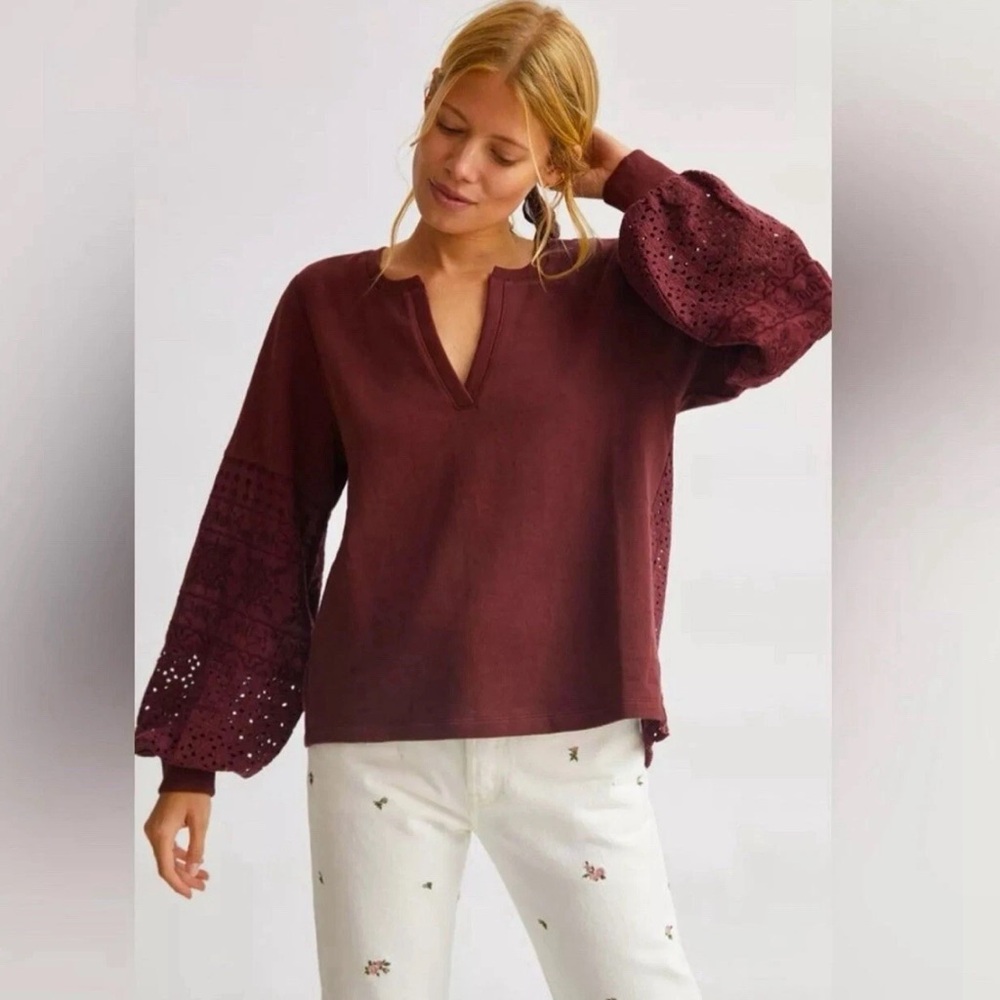 Anthropologie Plum Eyelet V Neck Balloon Sleeve Sweater Size XS